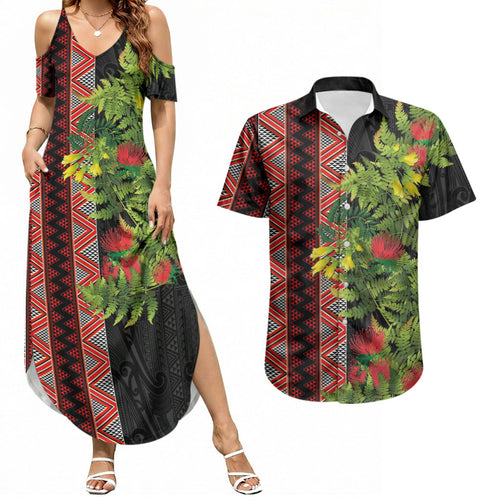 Maori Tukutuku Couples Matching Summer Maxi Dress and Hawaiian Shirt with Ferns Pohutukawa and Kowhai Tribal Moko Patterns