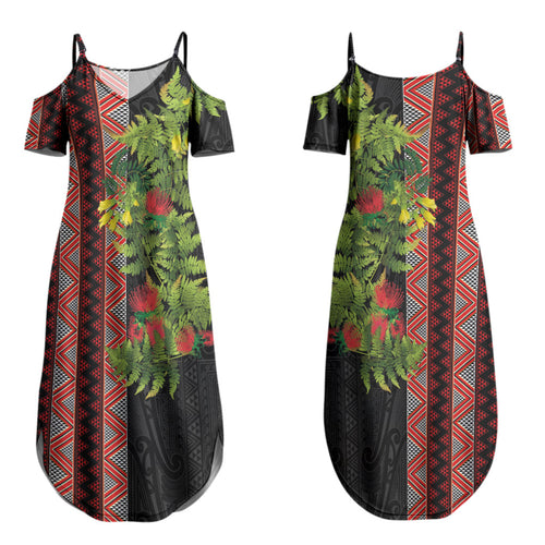 Maori Tukutuku Couples Matching Summer Maxi Dress and Hawaiian Shirt with Ferns Pohutukawa and Kowhai Tribal Moko Patterns