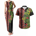 Maori Tukutuku Couples Matching Tank Maxi Dress and Hawaiian Shirt with Ferns Pohutukawa and Kowhai Tribal Moko Patterns