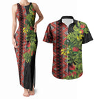 Maori Tukutuku Couples Matching Tank Maxi Dress and Hawaiian Shirt with Ferns Pohutukawa and Kowhai Tribal Moko Patterns