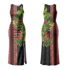 Maori Tukutuku Couples Matching Tank Maxi Dress and Hawaiian Shirt with Ferns Pohutukawa and Kowhai Tribal Moko Patterns