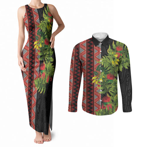 Maori Tukutuku Couples Matching Tank Maxi Dress and Long Sleeve Button Shirt with Ferns Pohutukawa and Kowhai Tribal Moko Patterns
