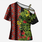 Maori Tukutuku Cross Shoulder Shirt with Ferns Pohutukawa and Kowhai Tribal Moko Patterns