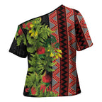 Maori Tukutuku Cross Shoulder Shirt with Ferns Pohutukawa and Kowhai Tribal Moko Patterns