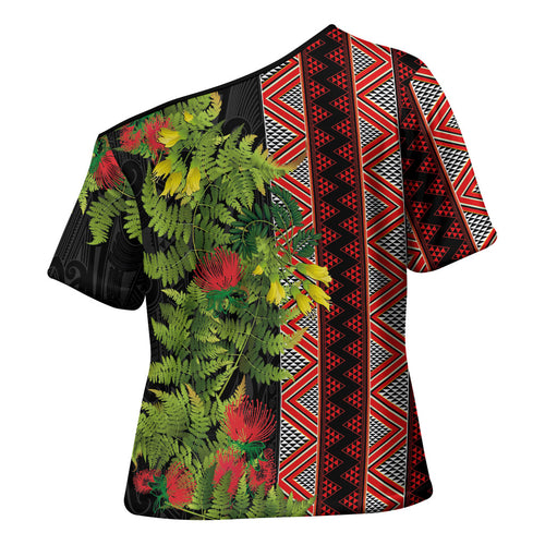 Maori Tukutuku Cross Shoulder Shirt with Ferns Pohutukawa and Kowhai Tribal Moko Patterns