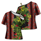 Maori Tukutuku Cross Shoulder Shirt with Ferns Pohutukawa and Kowhai Tribal Moko Patterns