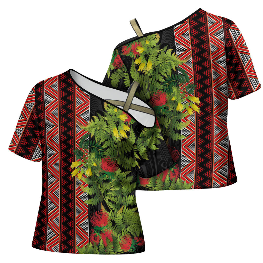 Maori Tukutuku Cross Shoulder Shirt with Ferns Pohutukawa and Kowhai Tribal Moko Patterns