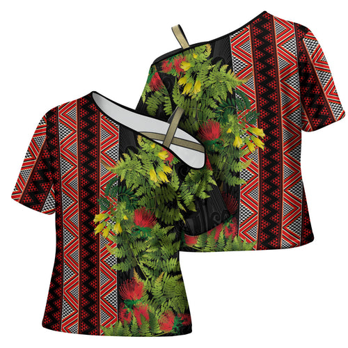 Maori Tukutuku Cross Shoulder Shirt with Ferns Pohutukawa and Kowhai Tribal Moko Patterns