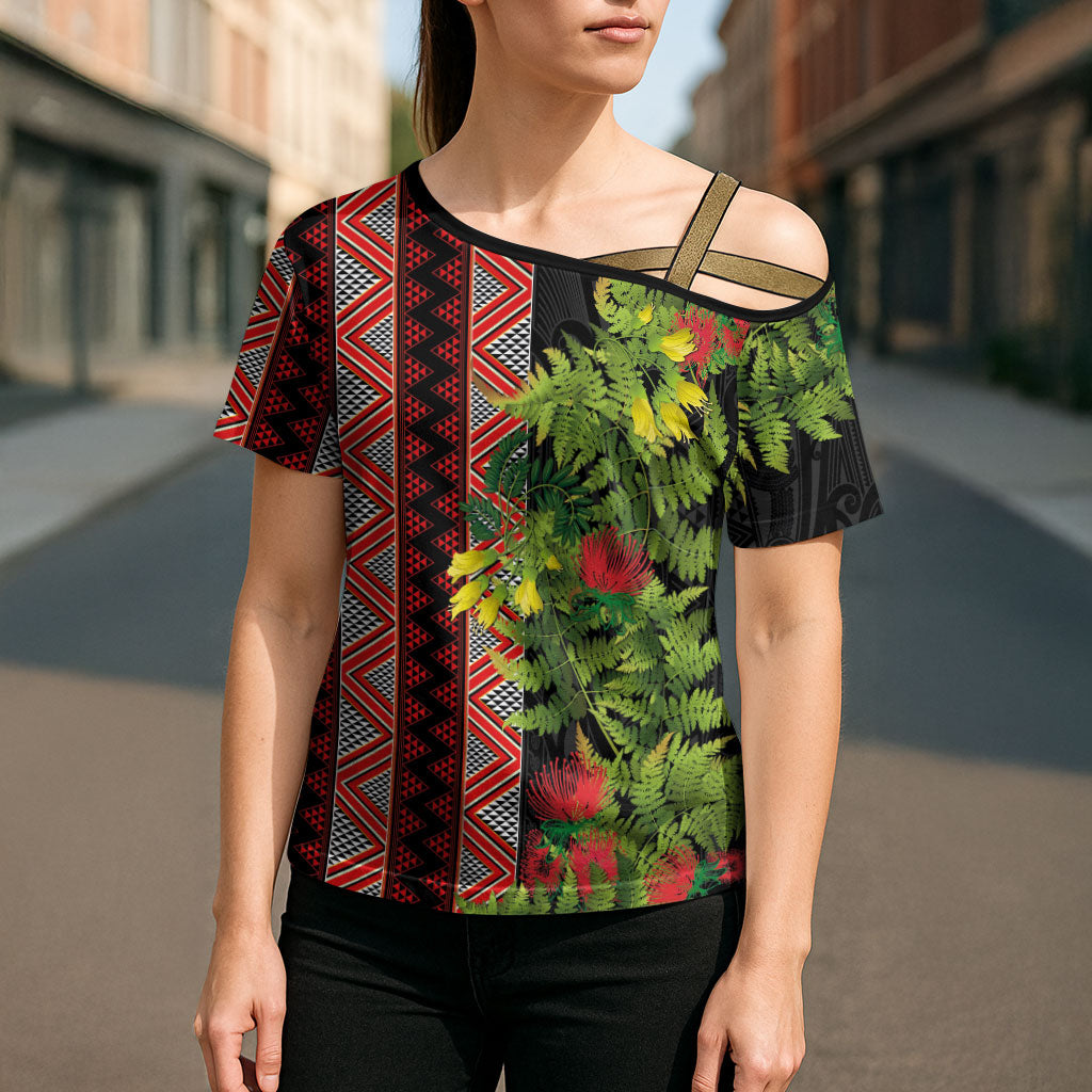 Maori Tukutuku Cross Shoulder Shirt with Ferns Pohutukawa and Kowhai Tribal Moko Patterns
