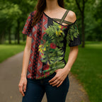 Maori Tukutuku Cross Shoulder Shirt with Ferns Pohutukawa and Kowhai Tribal Moko Patterns