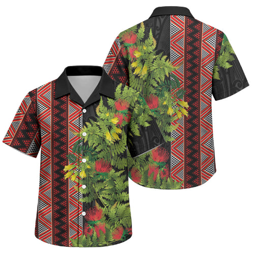 Maori Tukutuku Family Matching Long Sleeve Bodycon Dress and Hawaiian Shirt with Ferns Pohutukawa and Kowhai Tribal Moko Patterns