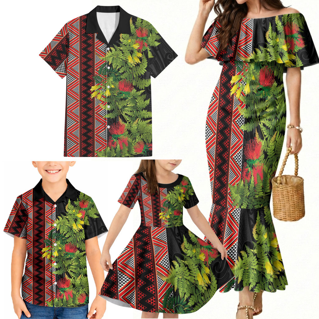 Maori Tukutuku Family Matching Mermaid Dress and Hawaiian Shirt with Ferns Pohutukawa and Kowhai Tribal Moko Patterns