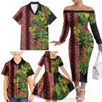 Maori Tukutuku Family Matching Off The Shoulder Long Sleeve Dress and Hawaiian Shirt with Ferns Pohutukawa and Kowhai Tribal Moko Patterns