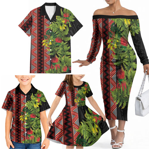Maori Tukutuku Family Matching Off The Shoulder Long Sleeve Dress and Hawaiian Shirt with Ferns Pohutukawa and Kowhai Tribal Moko Patterns