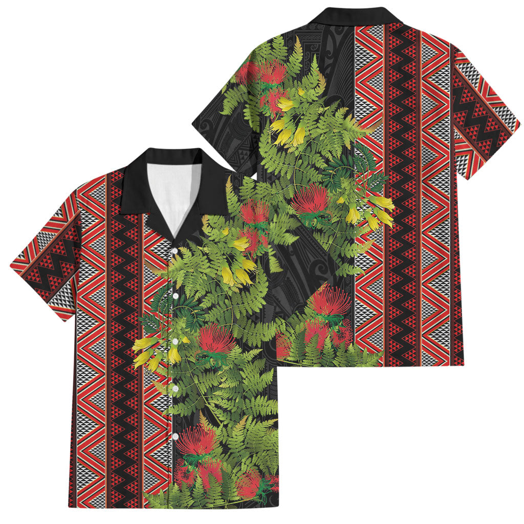 Maori Tukutuku Family Matching Off The Shoulder Long Sleeve Dress and Hawaiian Shirt with Ferns Pohutukawa and Kowhai Tribal Moko Patterns
