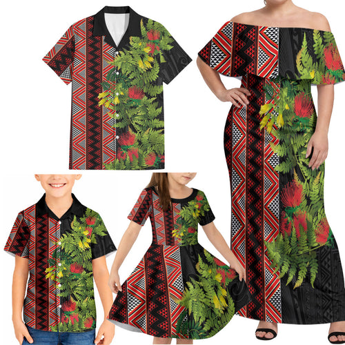 Maori Tukutuku Family Matching Off Shoulder Maxi Dress and Hawaiian Shirt with Ferns Pohutukawa and Kowhai Tribal Moko Patterns