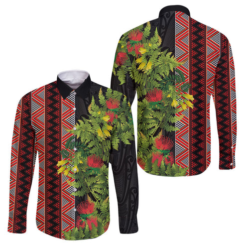 Maori Tukutuku Family Matching Off Shoulder Maxi Dress and Hawaiian Shirt with Ferns Pohutukawa and Kowhai Tribal Moko Patterns