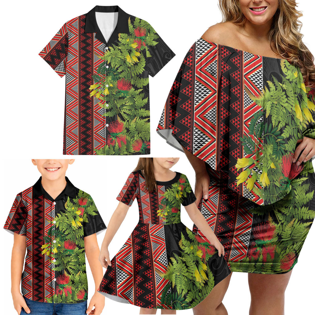 Maori Tukutuku Family Matching Off Shoulder Short Dress and Hawaiian Shirt with Ferns Pohutukawa and Kowhai Tribal Moko Patterns