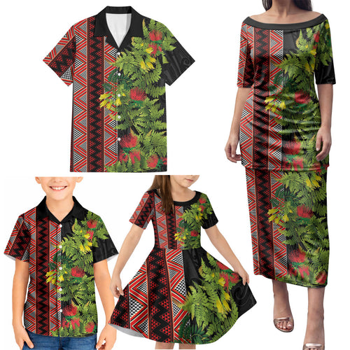 Maori Tukutuku Family Matching Puletasi and Hawaiian Shirt with Ferns Pohutukawa and Kowhai Tribal Moko Patterns