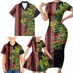 Maori Tukutuku Family Matching Short Sleeve Bodycon Dress and Hawaiian Shirt with Ferns Pohutukawa and Kowhai Tribal Moko Patterns