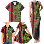 Maori Tukutuku Family Matching Tank Maxi Dress and Hawaiian Shirt with Ferns Pohutukawa and Kowhai Tribal Moko Patterns