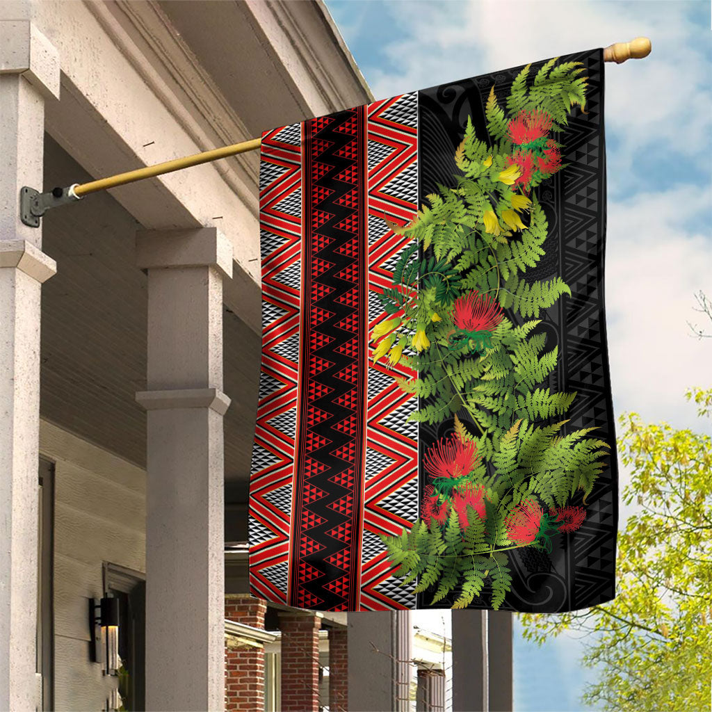 Maori Tukutuku Garden Flag with Ferns Pohutukawa and Kowhai Tribal Moko Patterns