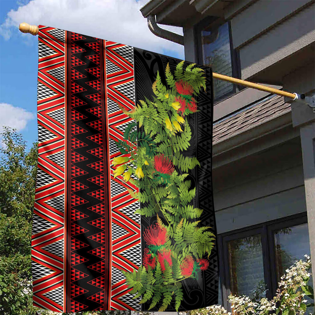 Maori Tukutuku Garden Flag with Ferns Pohutukawa and Kowhai Tribal Moko Patterns