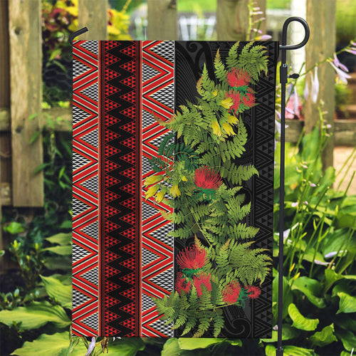 Maori Tukutuku Garden Flag with Ferns Pohutukawa and Kowhai Tribal Moko Patterns
