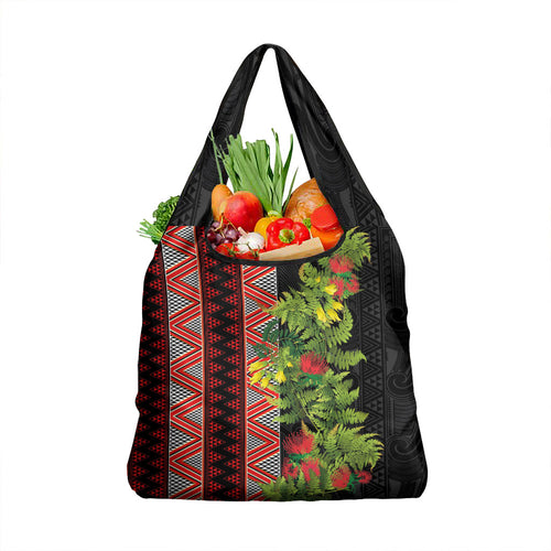 Maori Tukutuku Grocery Bag with Ferns Pohutukawa and Kowhai Tribal Moko Patterns