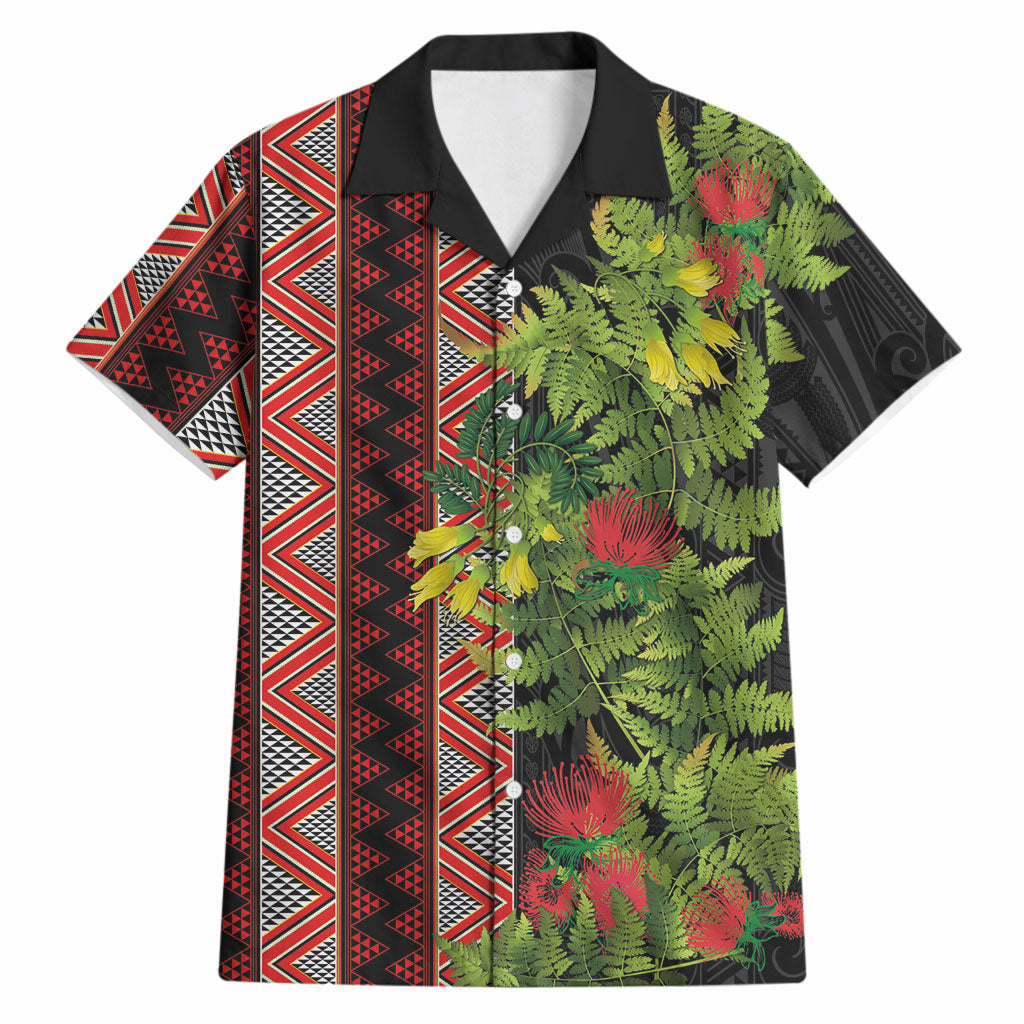 Maori Tukutuku Hawaiian Shirt with Ferns Pohutukawa and Kowhai Tribal Moko Patterns