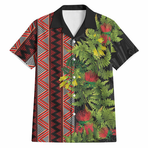 Maori Tukutuku Hawaiian Shirt with Ferns Pohutukawa and Kowhai Tribal Moko Patterns