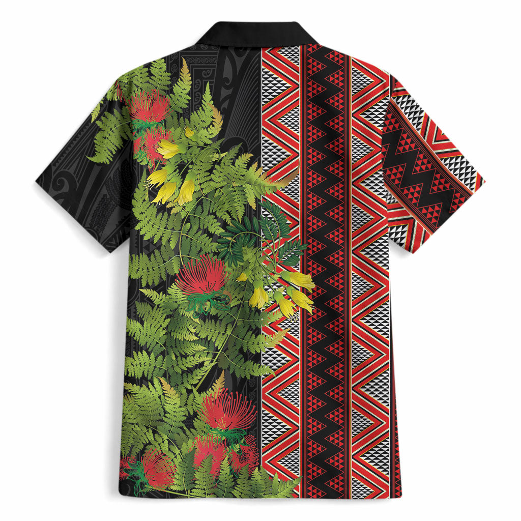 Maori Tukutuku Hawaiian Shirt with Ferns Pohutukawa and Kowhai Tribal Moko Patterns