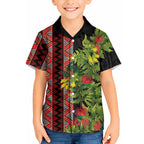 Maori Tukutuku Hawaiian Shirt with Ferns Pohutukawa and Kowhai Tribal Moko Patterns