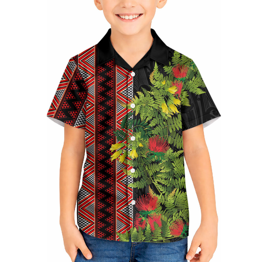 Maori Tukutuku Hawaiian Shirt with Ferns Pohutukawa and Kowhai Tribal Moko Patterns