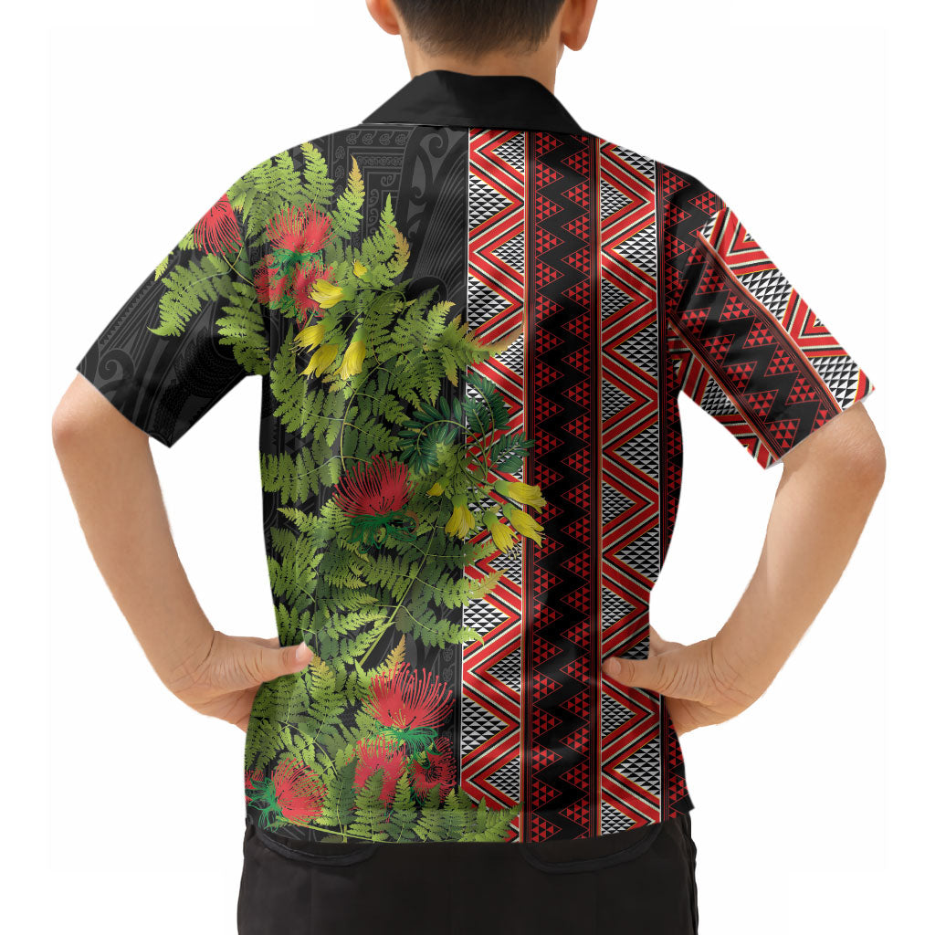 Maori Tukutuku Hawaiian Shirt with Ferns Pohutukawa and Kowhai Tribal Moko Patterns