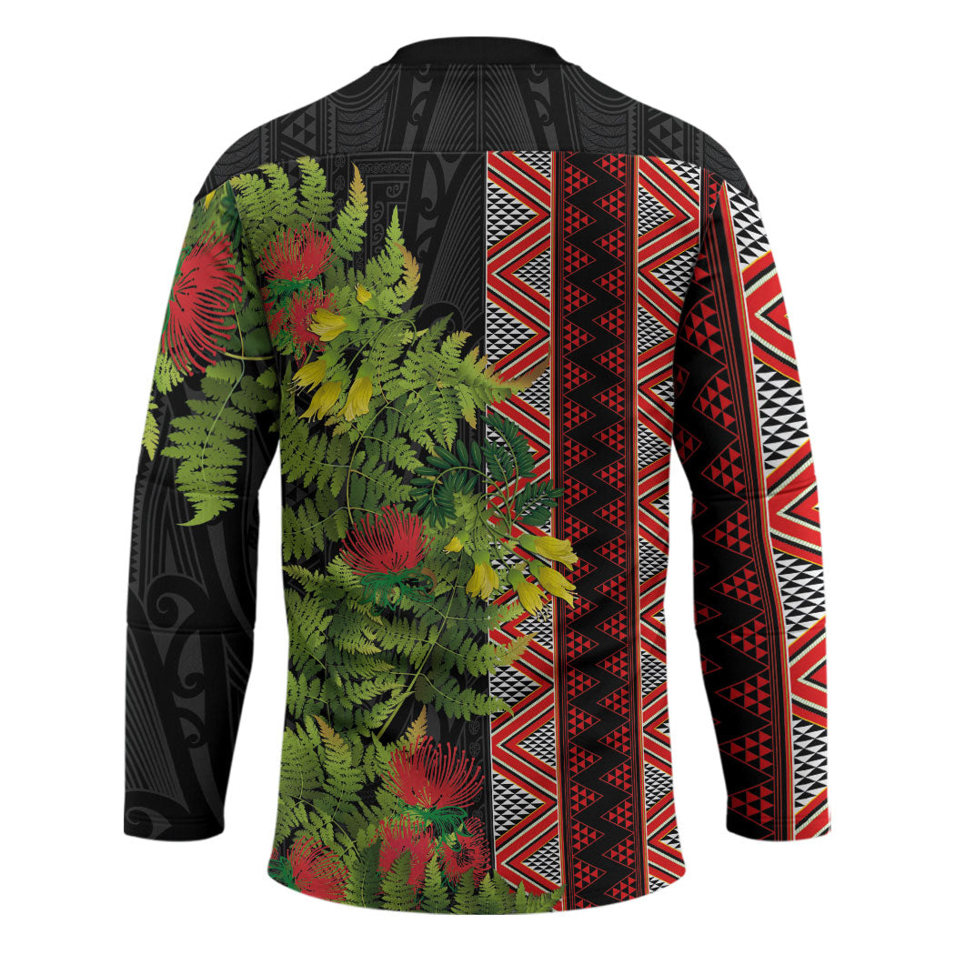 Maori Tukutuku Hockey Jersey with Ferns Pohutukawa and Kowhai Tribal Moko Patterns
