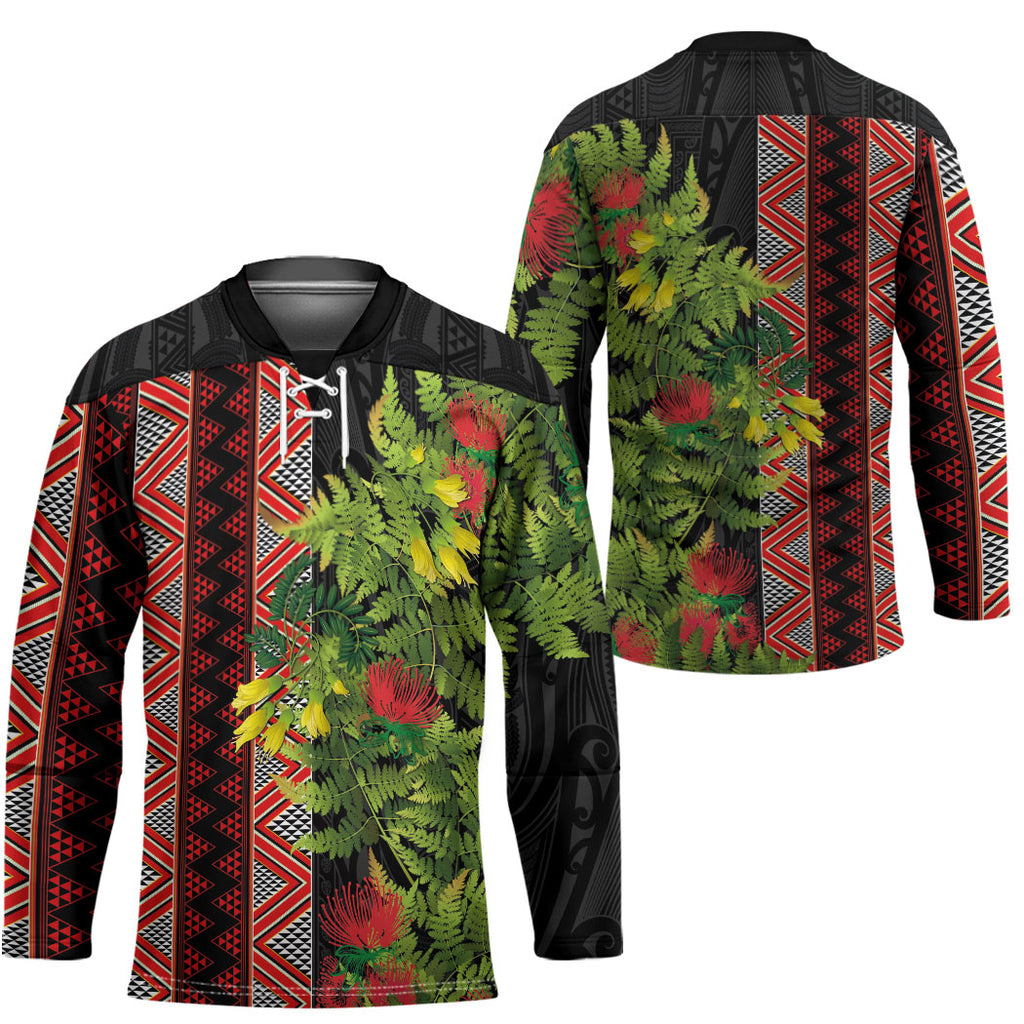 Maori Tukutuku Hockey Jersey with Ferns Pohutukawa and Kowhai Tribal Moko Patterns