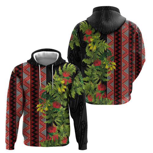 Maori Tukutuku Hoodie with Ferns Pohutukawa and Kowhai Tribal Moko Patterns