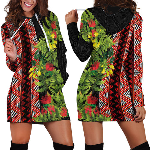 Maori Tukutuku Hoodie Dress with Ferns Pohutukawa and Kowhai Tribal Moko Patterns