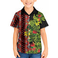 Maori Tukutuku Kid Hawaiian Shirt with Ferns Pohutukawa and Kowhai Tribal Moko Patterns
