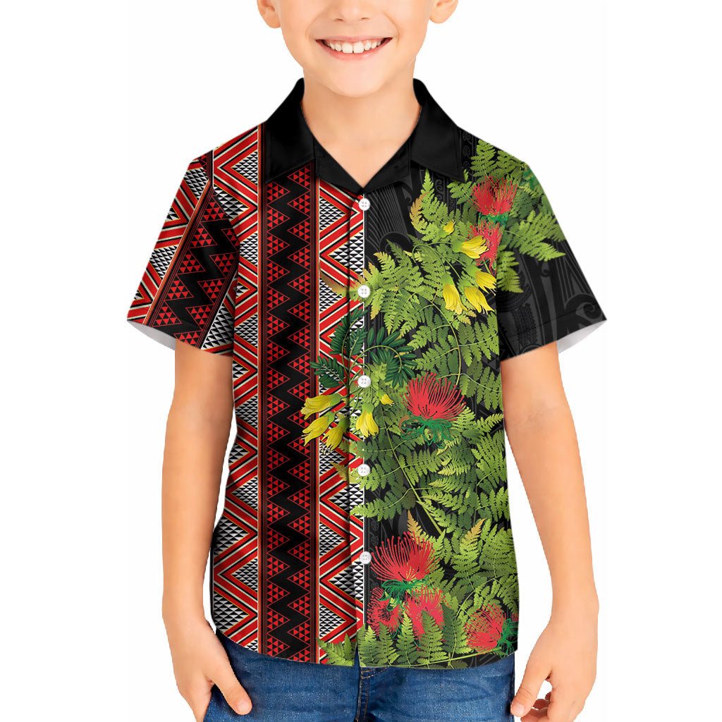 Maori Tukutuku Kid Hawaiian Shirt with Ferns Pohutukawa and Kowhai Tribal Moko Patterns