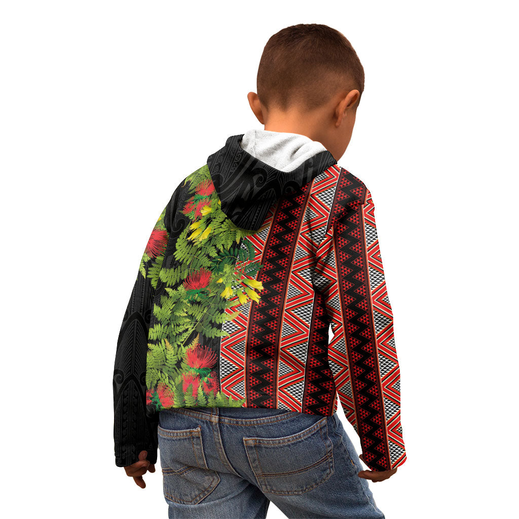 Maori Tukutuku Kid Hoodie with Ferns Pohutukawa and Kowhai Tribal Moko Patterns