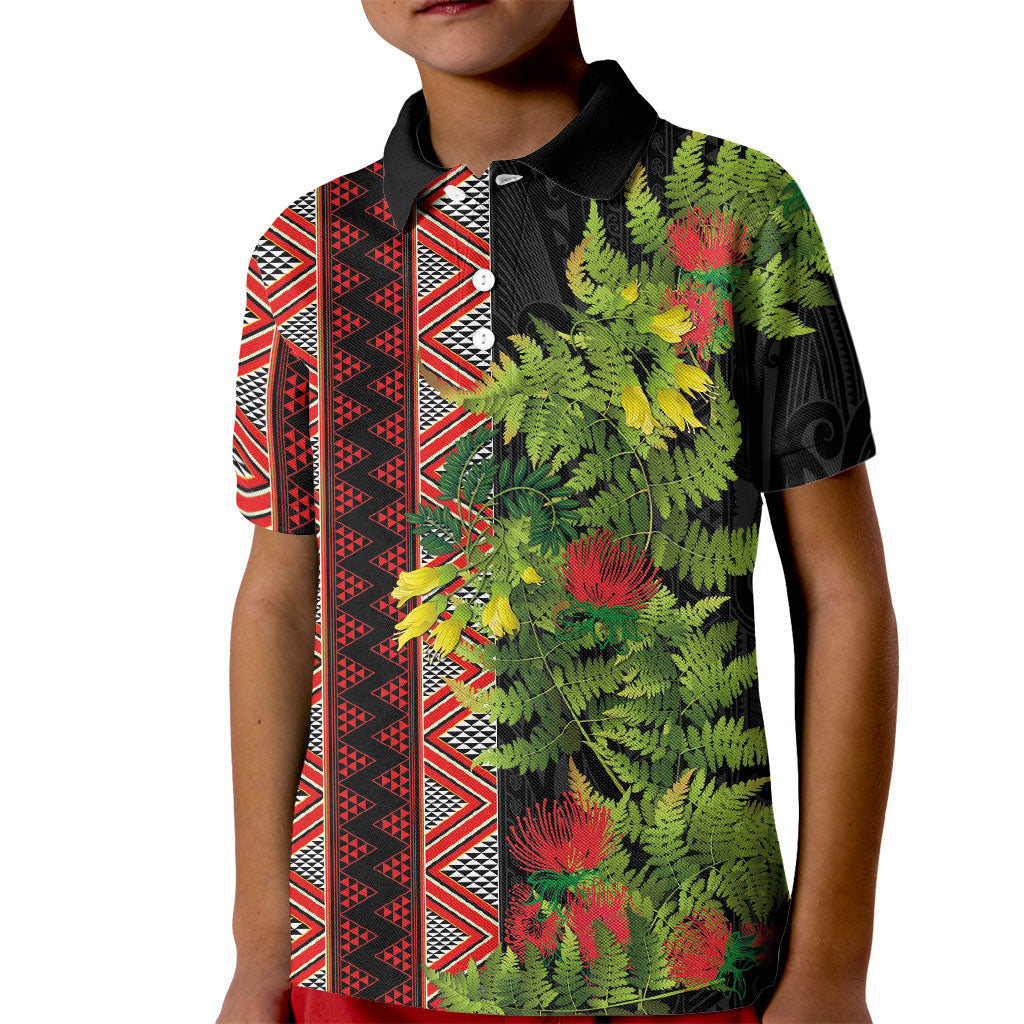 Maori Tukutuku Kid Polo Shirt with Ferns Pohutukawa and Kowhai Tribal Moko Patterns