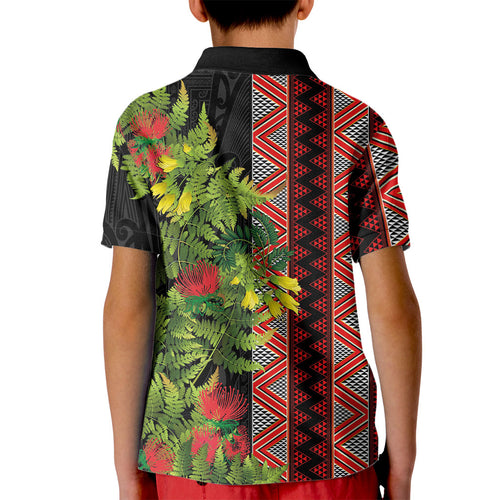 Maori Tukutuku Kid Polo Shirt with Ferns Pohutukawa and Kowhai Tribal Moko Patterns