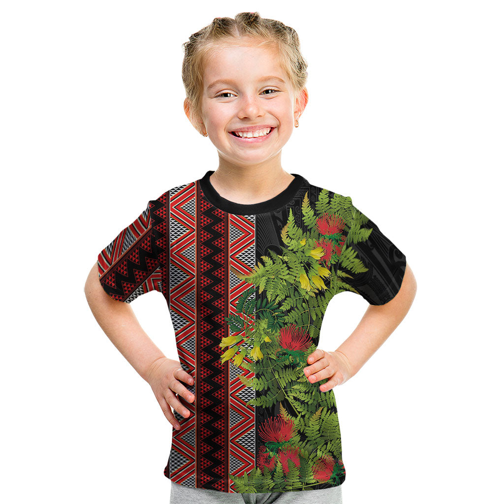 Maori Tukutuku Kid T Shirt with Ferns Pohutukawa and Kowhai Tribal Moko Patterns