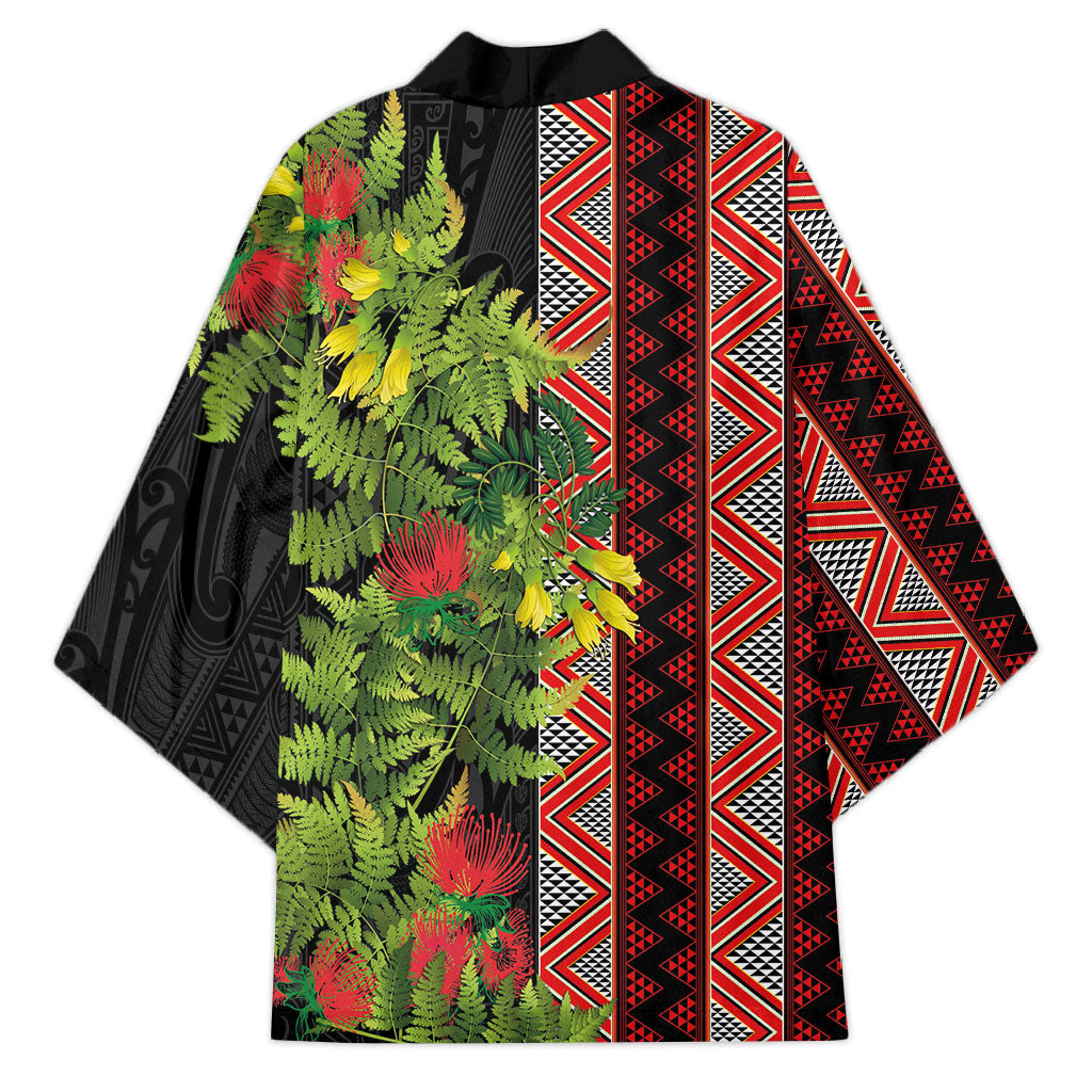 Maori Tukutuku Kimono with Ferns Pohutukawa and Kowhai Tribal Moko Patterns