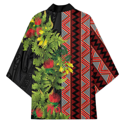 Maori Tukutuku Kimono with Ferns Pohutukawa and Kowhai Tribal Moko Patterns