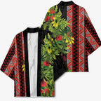 Maori Tukutuku Kimono with Ferns Pohutukawa and Kowhai Tribal Moko Patterns