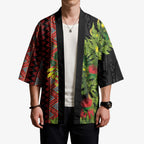 Maori Tukutuku Kimono with Ferns Pohutukawa and Kowhai Tribal Moko Patterns