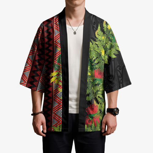 Maori Tukutuku Kimono with Ferns Pohutukawa and Kowhai Tribal Moko Patterns